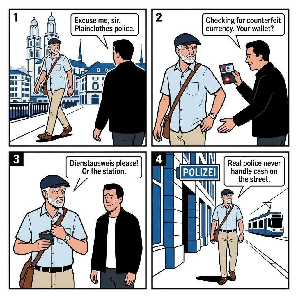 The Fake Police Officer Scam — comic illustration