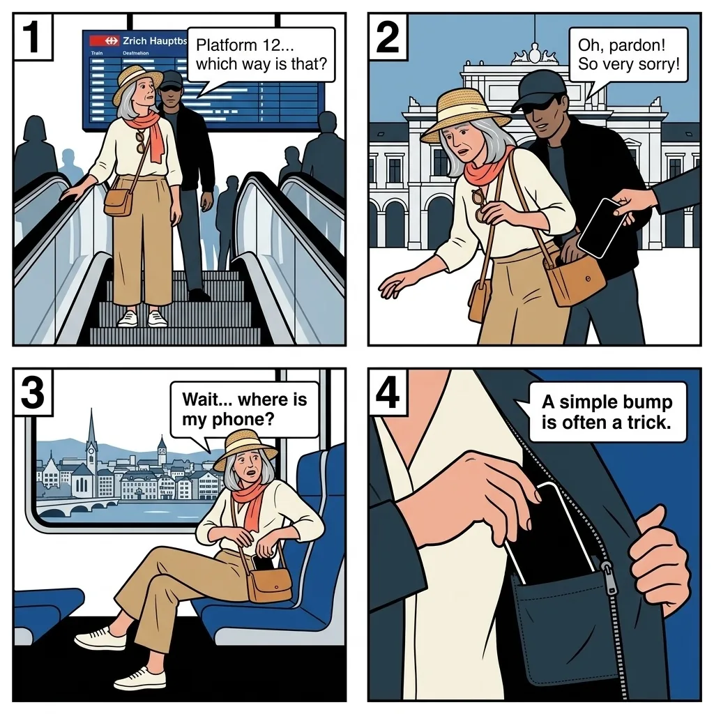 The Train Station Pickpocket Ring — comic illustration