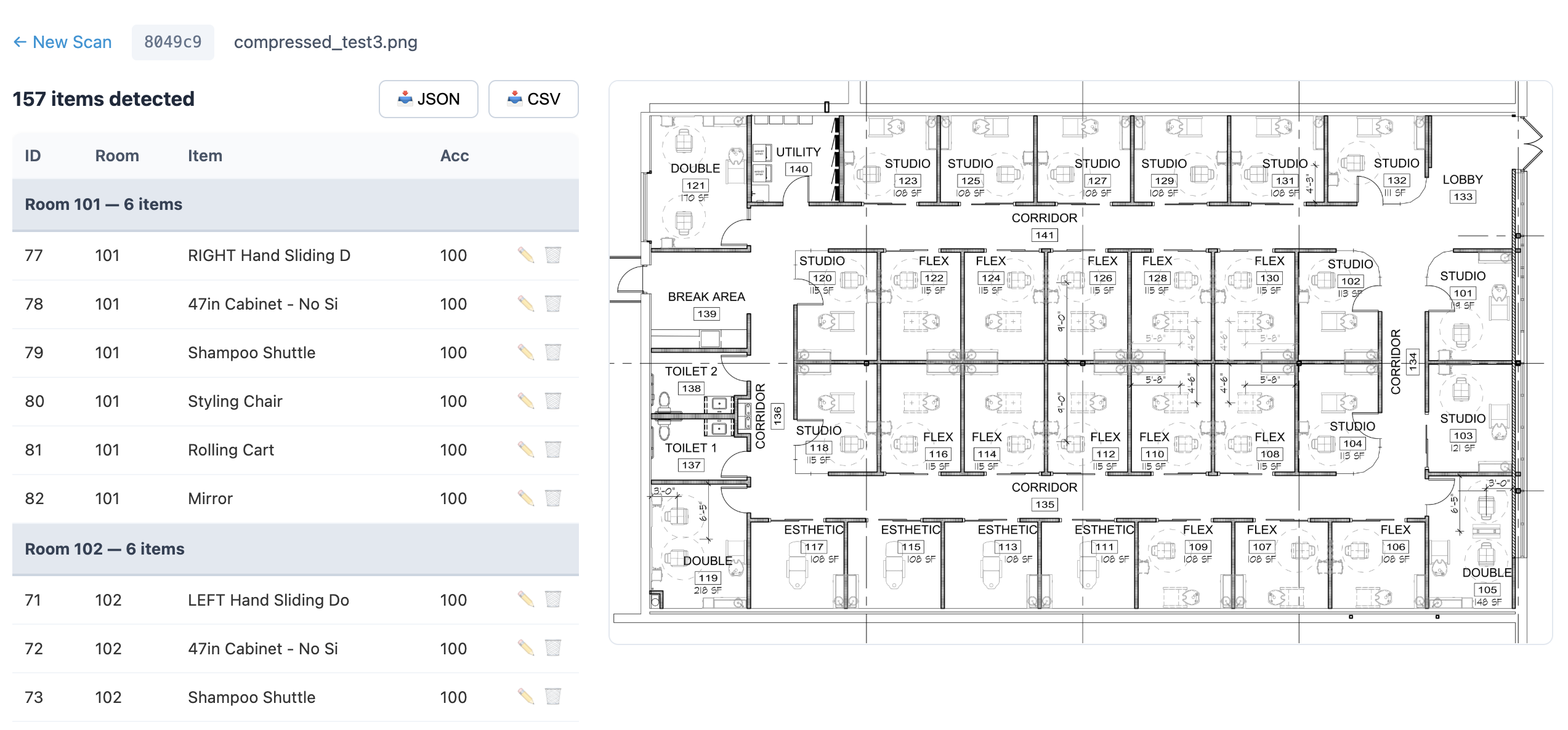 ScanMyPlan live demo — 157 items detected from a salon floor plan with room-by-room inventory