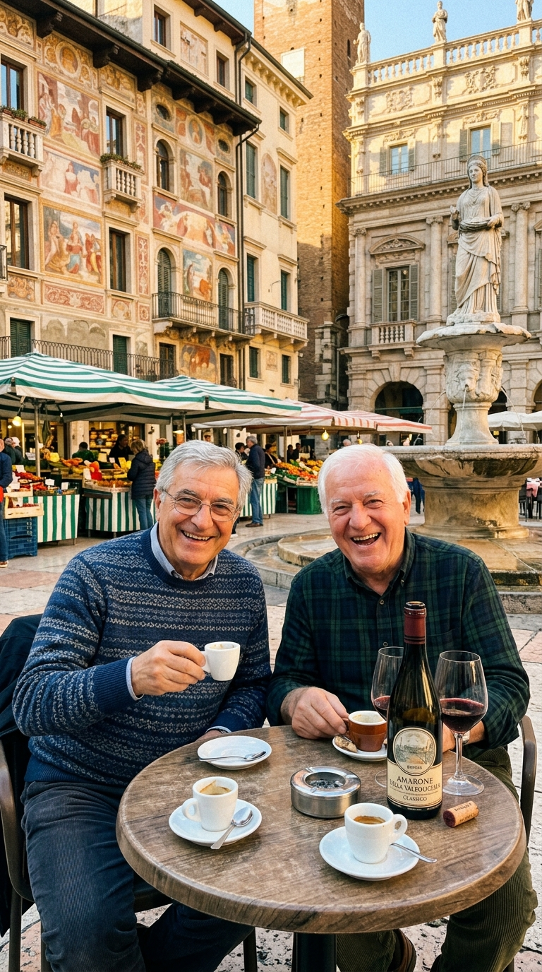 Nano Banana 2 generated image of Italian men at Piazza delle Erbe café — best prompt adherence, legible Amarone label, wine glass + bottle, rated 6.5/10